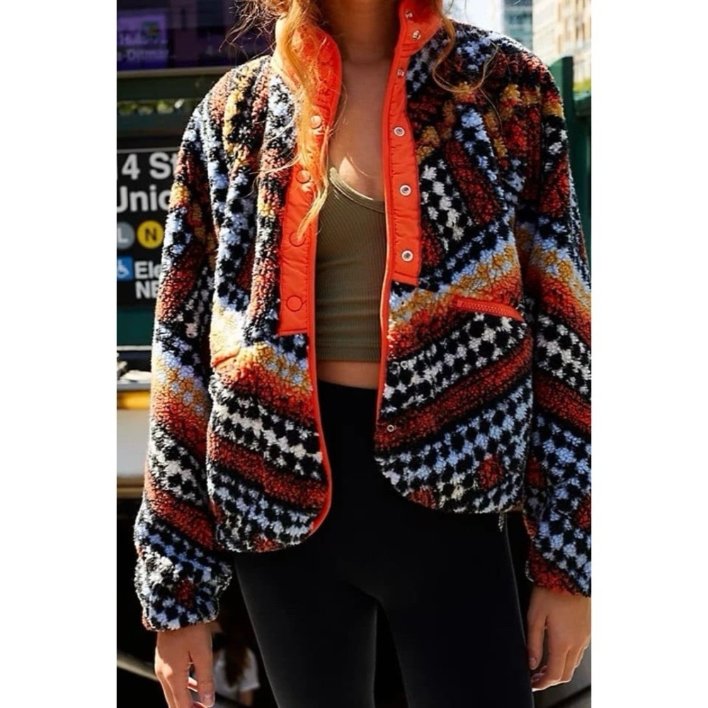 FP Movement by Free People Orange, Black, White Patterned Teddy Jacket - Small